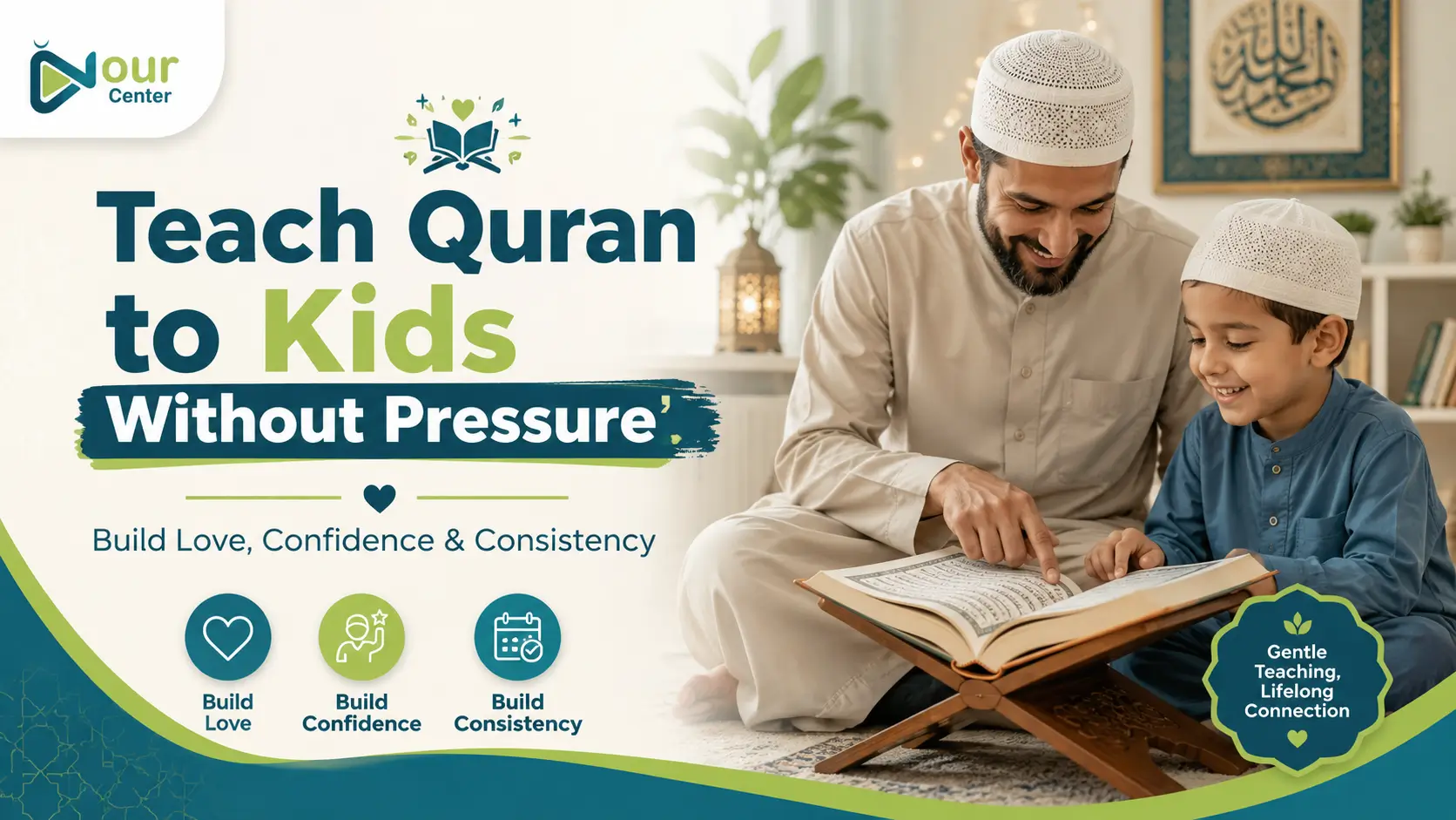 Muslim child learning Quran calmly with a supportive teacher at Nour Center
