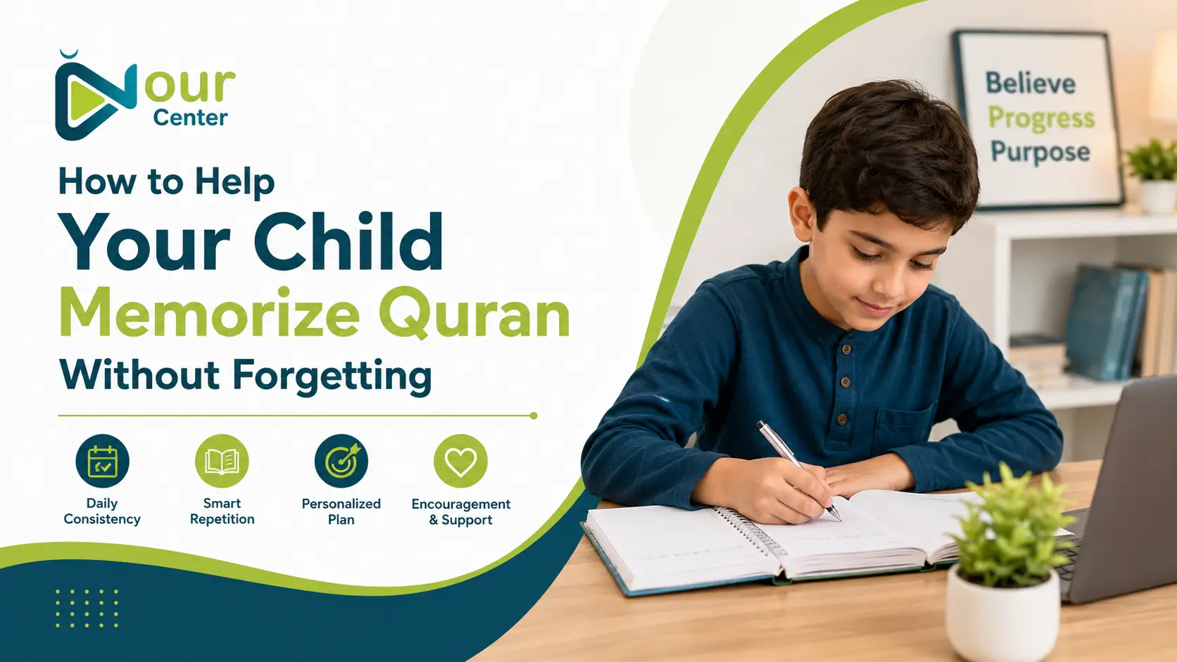 Child revising Quran memorization during an online Hifz lesson at Nour Center