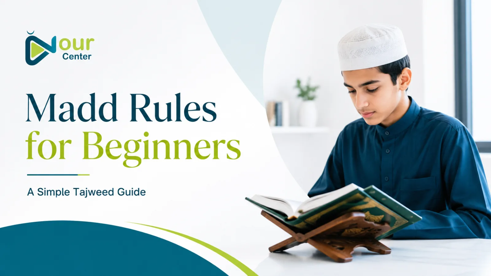 Beginner learning Madd rules and vowel lengthening during an online Tajweed lesson at Nour Center