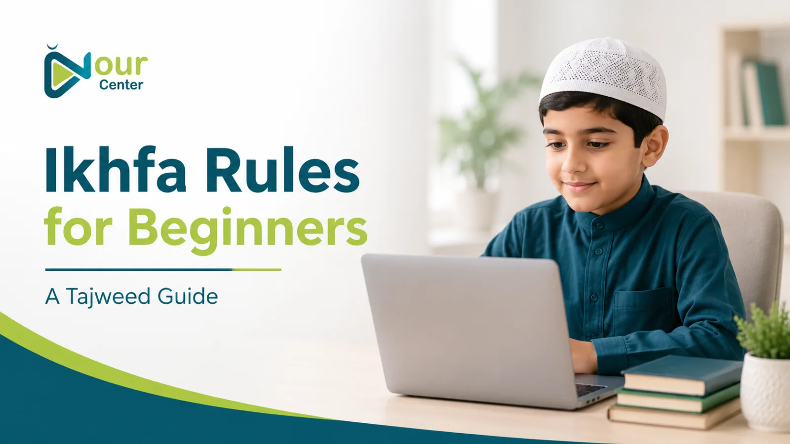 Child learning Ikhfa rules and Ghunnah during an online Tajweed lesson at Nour Center