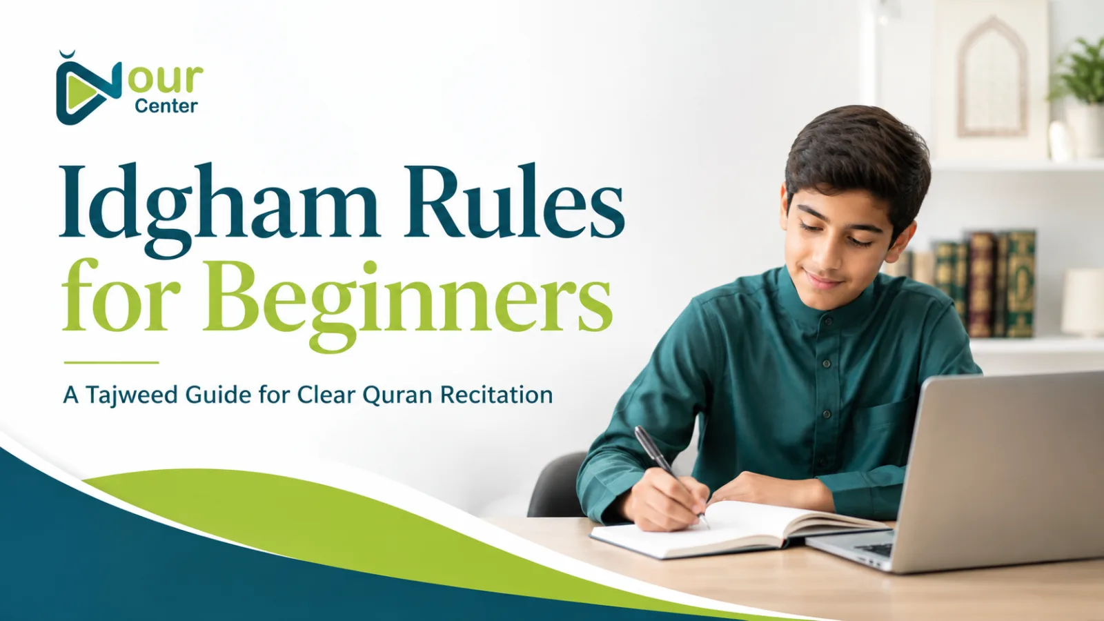 Child learning Idgham rules and Ghunnah during an online Tajweed lesson at Nour Center