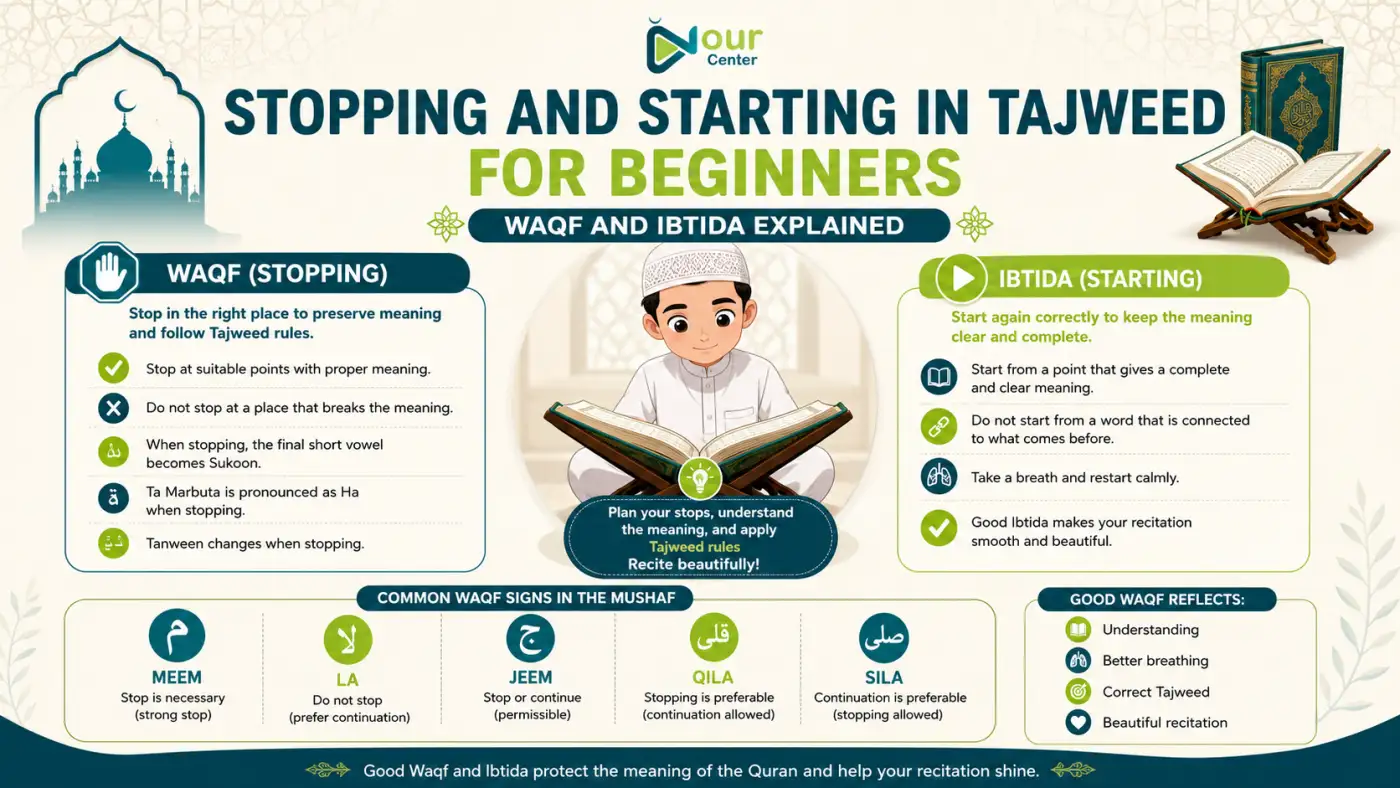 Stopping and Starting in Tajweed for Beginners: Waqf and Ibtida Explained