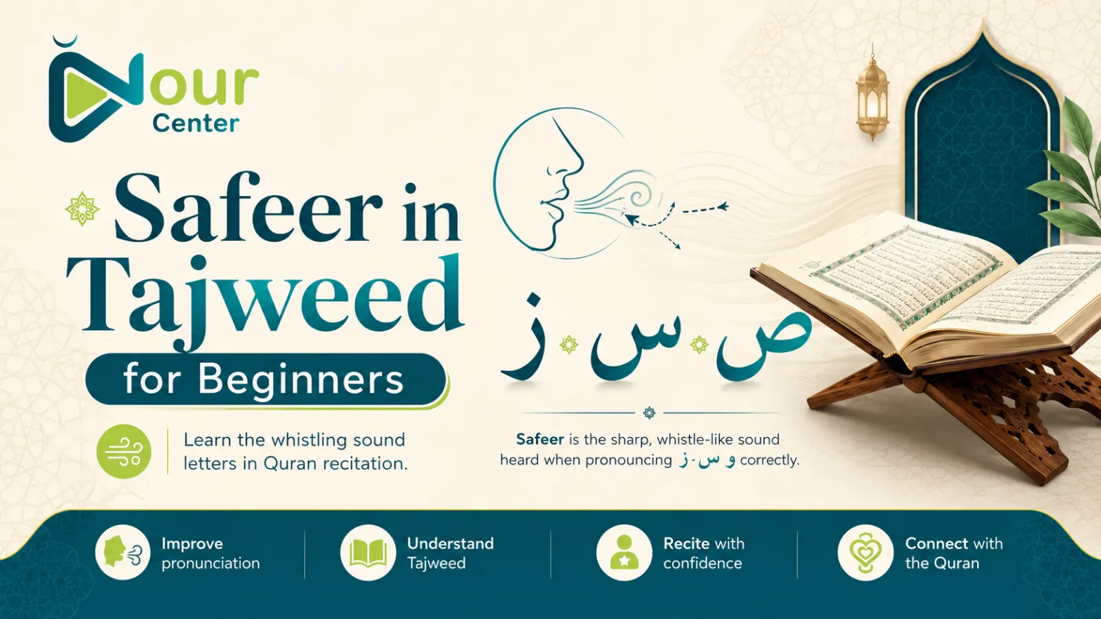 Student learning Safeer letter pronunciation during an online Tajweed lesson at Nour Center