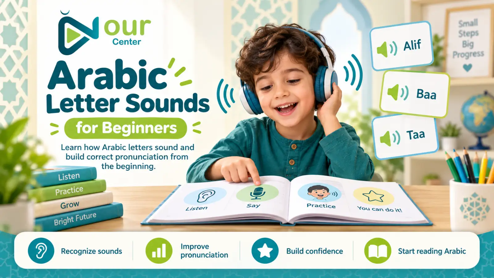 Student learning Arabic letter sounds for beginners during an online Arabic lesson at Nour Center